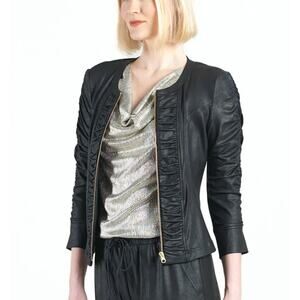 Clara Sun Woo Medium Liquid Leather™ Ruched Detail Zip Front Jacket Black